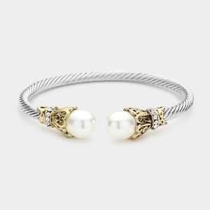 White Pearl Tip Twisted Rope Cable Style Cuff Bracelet Bangle Metal Accessory
